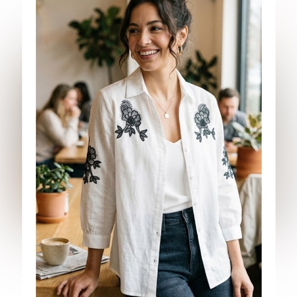 Kindred White Button Down Shirt with Black Floral Embroidery